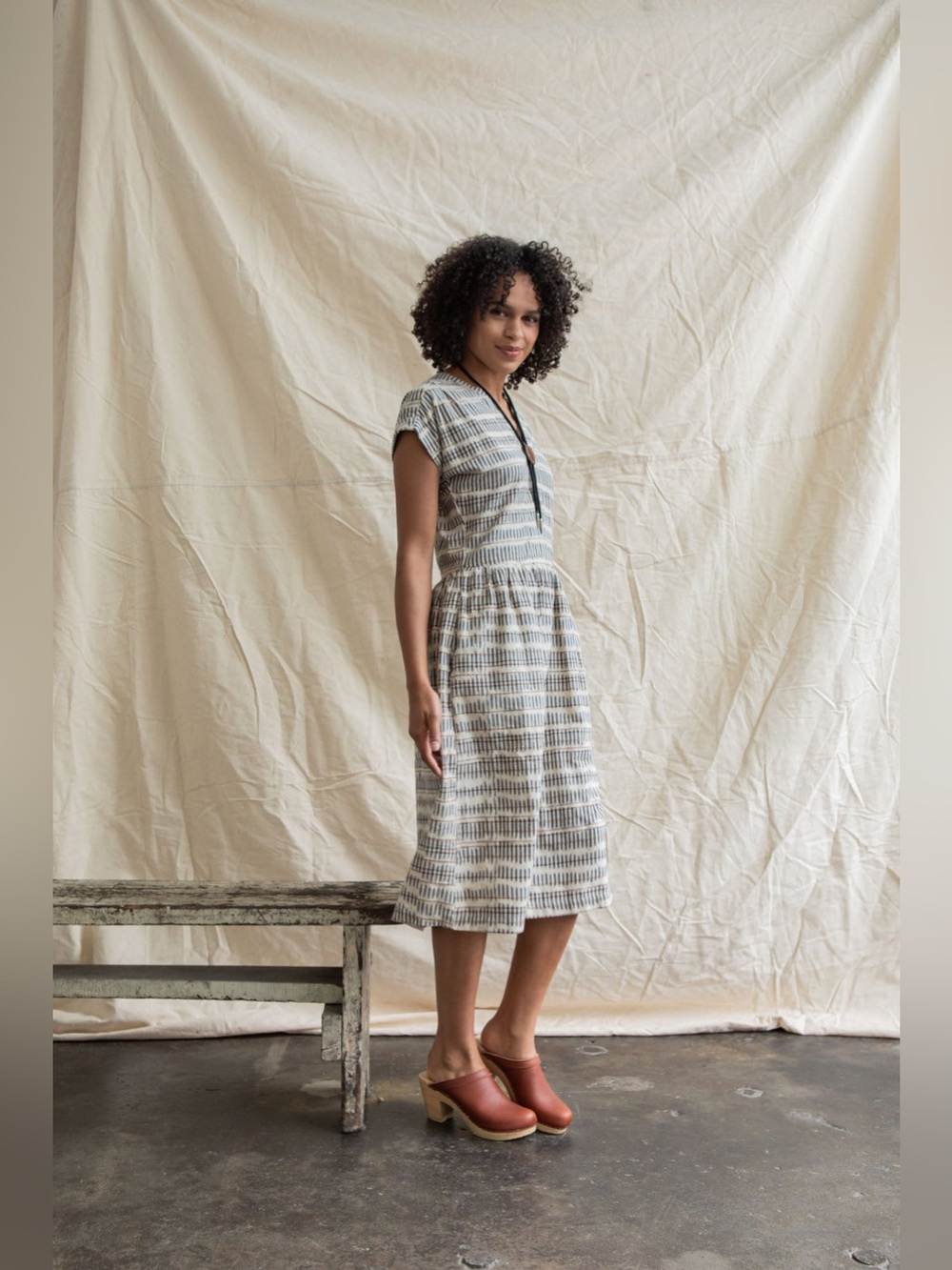 Bridge & Burn The Ira Midi Dress in Mushroom Ikat Stripe Organic Cotton Size XS - Picture 14 of 15